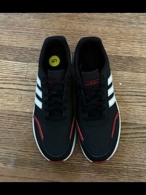 adidas Black Sneakers with White Stripes and Red Trim